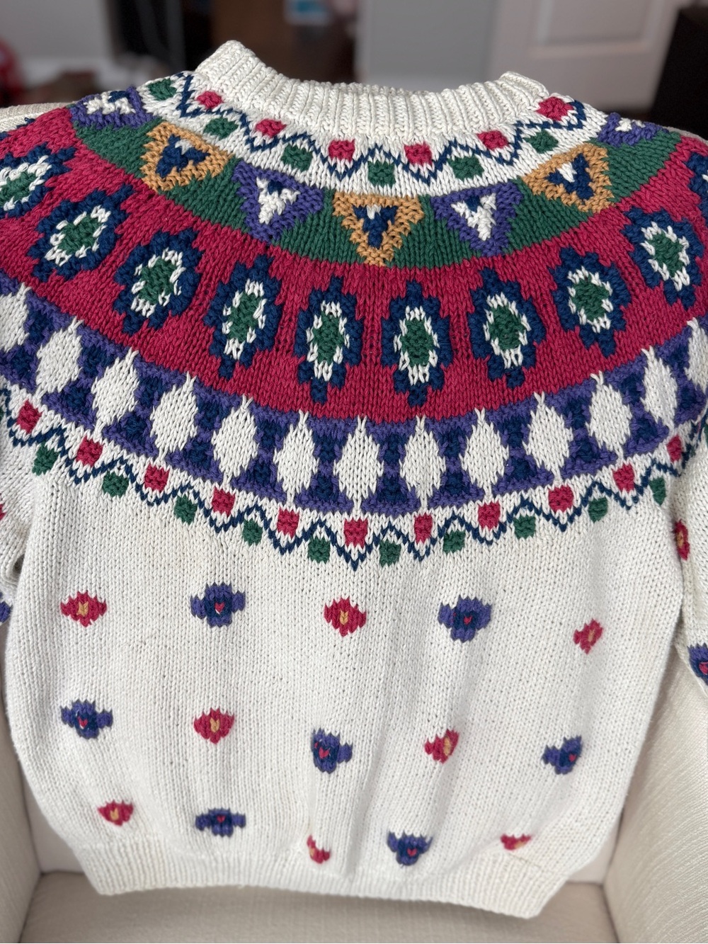 Vintage Women’s Cream Fair Isle Crewneck Sweater with Multicolor